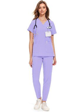 Cozy Women's Scrub Set - Curved V-Neck Top & Jogger Pants with 8 Pockets